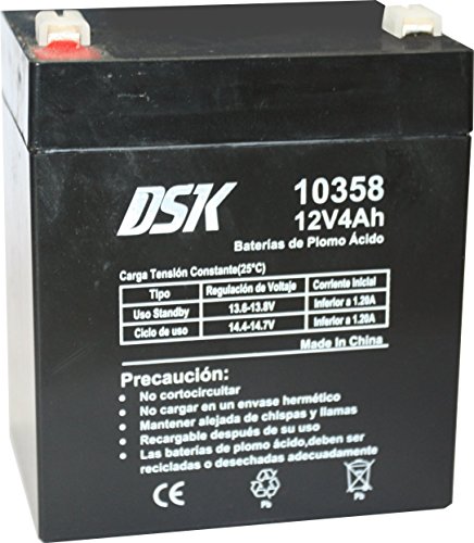 DSK 10358 - Batería de Plomo AGM Recargable y Sellada de 12V y 4 Ah. Ideal para Juguetes Eléctricos para Niños como Motos y Scooters, Sistemas de Alarma, Señalización y Luces de Emergencias