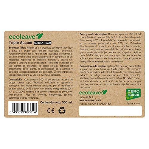 ECOLEAVEX Triple Acción Insecticida, Acaricida y Fungicida para Plantas, ECOLOGICO, 100% Natural y Residuo Zero. con Abonos, Micronutrientes y Bioestimulantes (Concentrado 20 Rellenos + pulverizador)