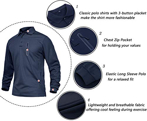 EKLENTSON Hombre Camisas - Polos de Golf de Manga Larga Casuales y Ligeros Camisas de Deporte Militar Azul Marino-Cremallera Talla 3XL