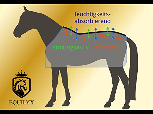 EQUILYX Manta para caballo, con correas cruzadas [ajuste perfecto] Manta de forro polar, manta para establo y transporte, cálida, absorbe la humedad, transpirable, color negro, 145 cm