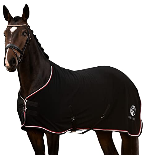 EQUILYX Manta para caballo, con correas cruzadas [ajuste perfecto] Manta de forro polar, manta para establo y transporte, cálida, absorbe la humedad, transpirable, color negro, 145 cm