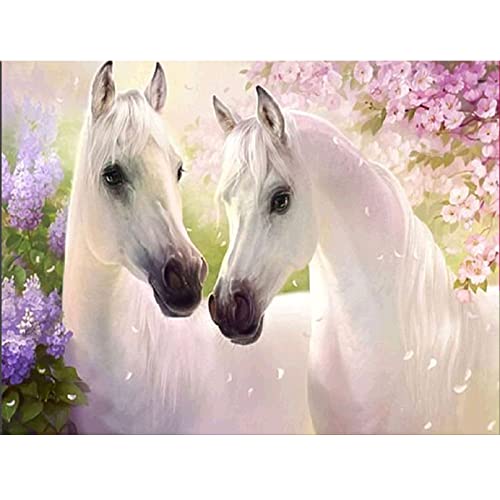 Equipo de pintura por números con brillantes 5D,Pinturas diamantes motivo de caballos blancos, con diamantes de imitación tipo punto de cruz, manualidad para decoración de la pared del hogar30 x 40 cm
