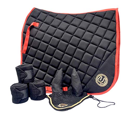 Equipride - Juego de almohadillas para silla de montar de doma con velo y vendajes a juego, color negro (completo/mazorca)