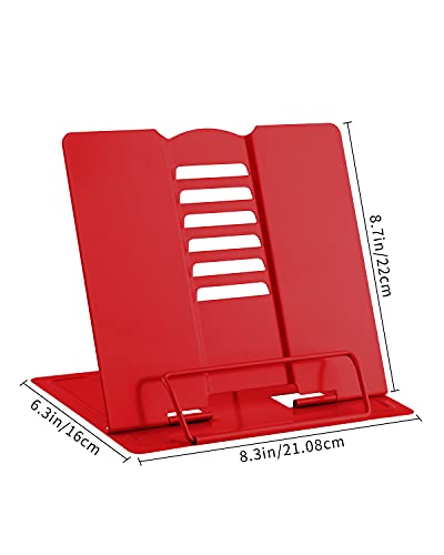 Estantería de escritorio Estante de lectura de metal Estante de recetas ajustable Libro de texto portátil Libro de música plano con clip de página (rojo)