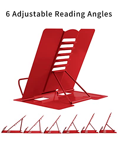 Estantería de escritorio Estante de lectura de metal Estante de recetas ajustable Libro de texto portátil Libro de música plano con clip de página (rojo)
