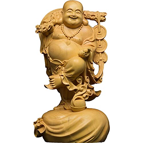 Estatua de Buda Lucky Maitreya Adornos de estatua de madera Colección de decoraciones para el hogar y automóvil Estatua de Buda riendo Regalos Figuras de Buda Estatua de meditación zen (Tamaño: 19CM)