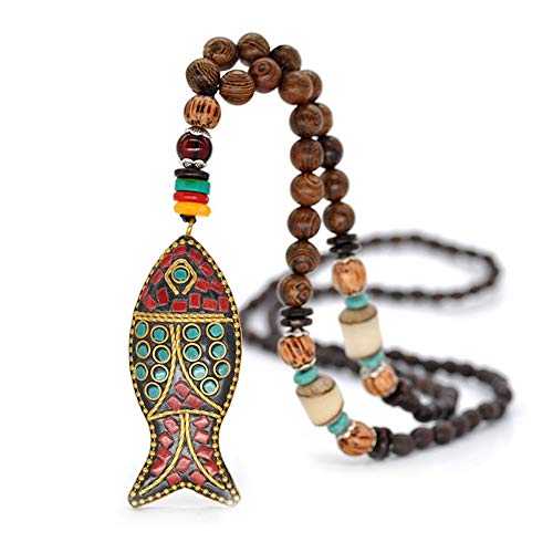 EXINOX Collar Budista Largo con Cuentas de Madera | Etnico Buda | Mujer | (Pez)