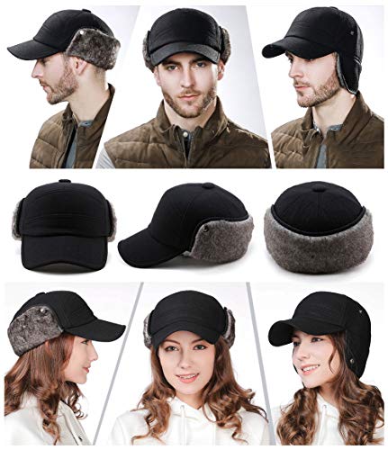Fancet Sombrero de caza de invierno con orejeras de piel sintética con orejeras y forro grueso, unisex, 67134_Negro, L