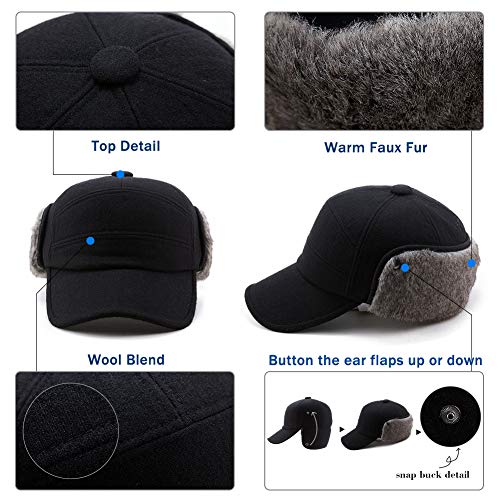 Fancet Sombrero de caza de invierno con orejeras de piel sintética con orejeras y forro grueso, unisex, 67134_Negro, L