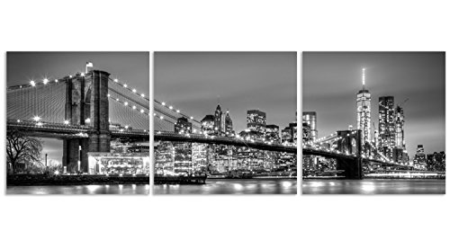 Feeby Frames, Cuadro en Lienzo - 3 Partes - Panorámico,Cuadros impresión 90x30 cm, Blanco, Nueva York Ciudad, Agua,Arquitectura, Vista,Brooklyn
