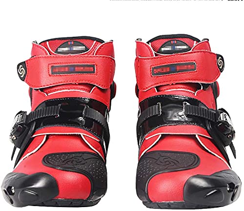 FGDFGDG Botas de Motocicleta para Hombres, Botas de Carretera blindadas Protectoras de Cuero de Carreras Impermeables, Zapatos Antideslizantes de protección de Tobillo Corto Botas de Moto,Rojo,42