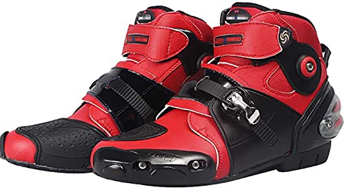 FGDFGDG Botas de Motocicleta para Hombres, Botas de Carretera blindadas Protectoras de Cuero de Carreras Impermeables, Zapatos Antideslizantes de protección de Tobillo Corto Botas de Moto,Rojo,42