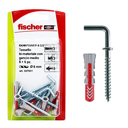 Fischer 537631 Taco con Gancho Medio Duopower, Gris/Rojo, 6 pz, Set de 6 Piezas