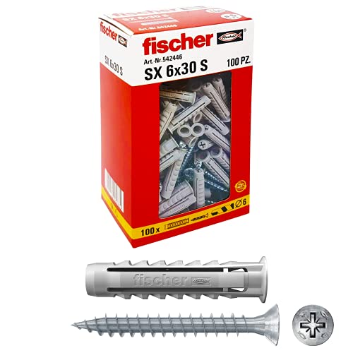 Fischer 542446 - Tacos SX con tornillo, 6 x 30 mm, para pared completa y ladrillo perforado, 100 unidades