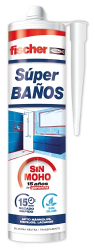 fischer - Silicona transparente baño antimoho Super Baños, duradera e impermeable para el sellado de baños, bañera, mamparas, cocinas sin olores molestos, 280ml