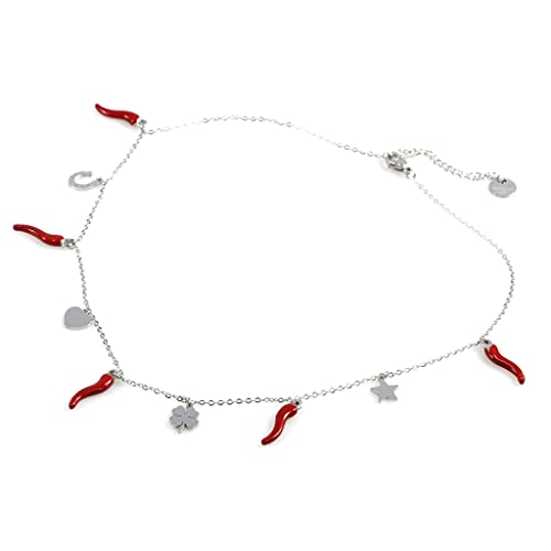 Flowers Collar de acero color plata amuleto de la suerte con pequeños colgantes cuernos rojos, estrella, corazón, trébol y herradura cadena elegante y fina
