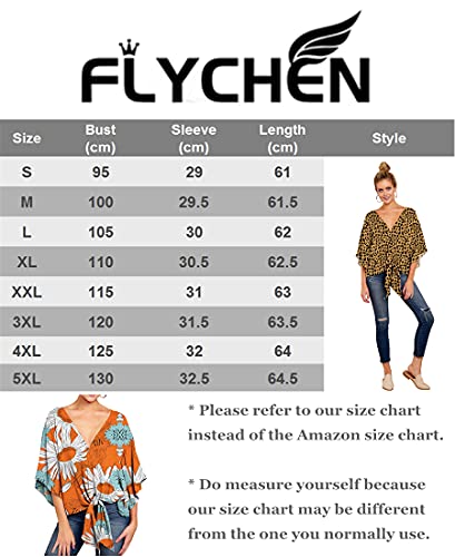 FLYCHEN Mujer Camiseta de Verano Bohemia para Mujer Manga Corta con Estampado de Leopardo Cuello en V Camisetas Shirts anudadas con Hombros Descubiertos, Negro, 5XL