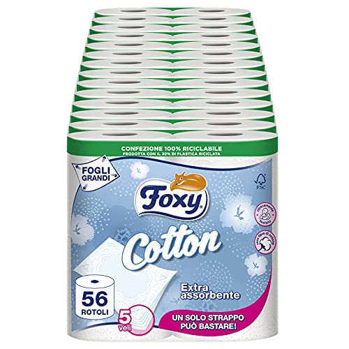 Foxy Cotton| Papel higiénico de 5 capas | 56 rollos | 120 hojas por rollo | Hojas extra grandes con auténticas fibras de algodón | Papel 100% certificado FSC® | Paquete 100% reciclable
