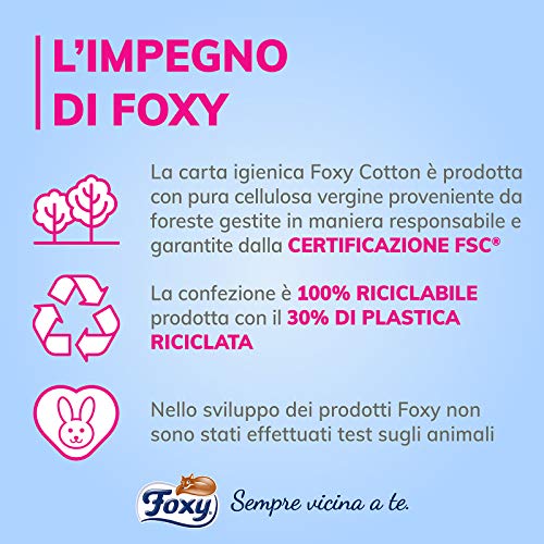 Foxy Cotton| Papel higiénico de 5 capas | 56 rollos | 120 hojas por rollo | Hojas extra grandes con auténticas fibras de algodón | Papel 100% certificado FSC® | Paquete 100% reciclable