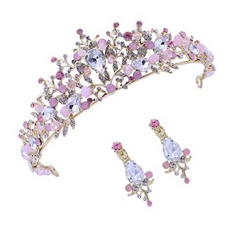 Frcolor Tiara de la boda y corona flor de diamantes de imitación Princesa de la novia corona con pendientes