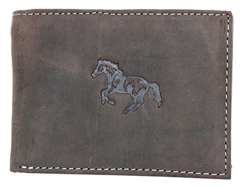 Fuerte cartera de cuero genuino color gris con un caballo