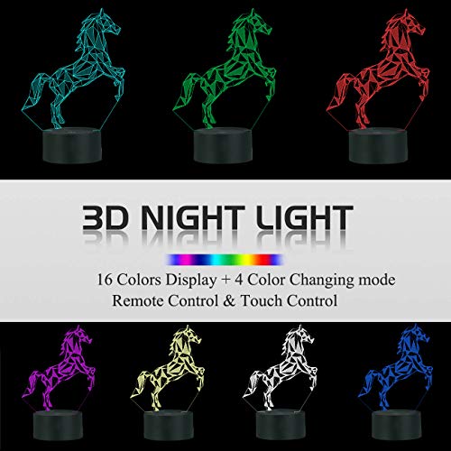 FULLOSUN ilusión nocturna 3D LED lámpara de escritorio de caballo, 16 colores de carga USB, decoración de dormitorio para niños, Navidad, Halloween, cumpleaños