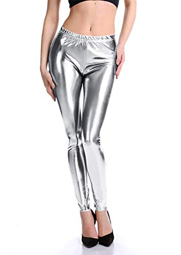 Furein Leggins para Mujer Elásticos Cómodos Acabado Colores Brillantes Metalizados Imitación Cuero con Cintura Elástica (Plata, L/XL)