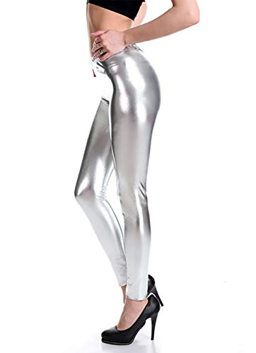 Furein Leggins para Mujer Elásticos Cómodos Acabado Colores Brillantes Metalizados Imitación Cuero con Cintura Elástica (Plata, L/XL)