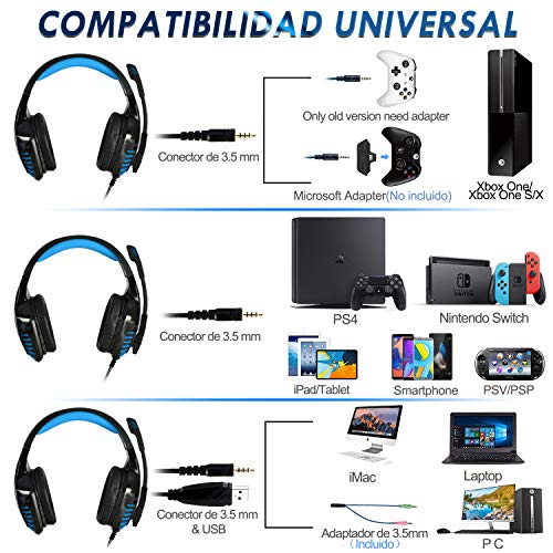 Galopar Auriculares Gaming para PS4, PC, Xbox One, Cascos Ruido Reducción de Diademas Cerrados Profesional con Micrófono Limpio Sonido 3.5mm - Azul