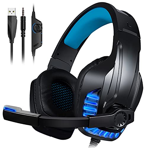 Galopar Auriculares Gaming para PS4, PC, Xbox One, Cascos Ruido Reducción de Diademas Cerrados Profesional con Micrófono Limpio Sonido 3.5mm - Azul