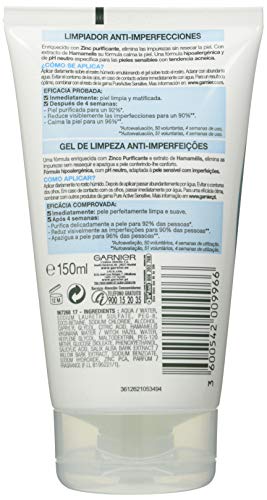 Garnier Skin Active Pure Active Sensitive Limpiador de poros sin Jabón Anti-Imperfecciones para Pieles Sensibles, con Zinc y Extracto de Hamamelis - 150 ml