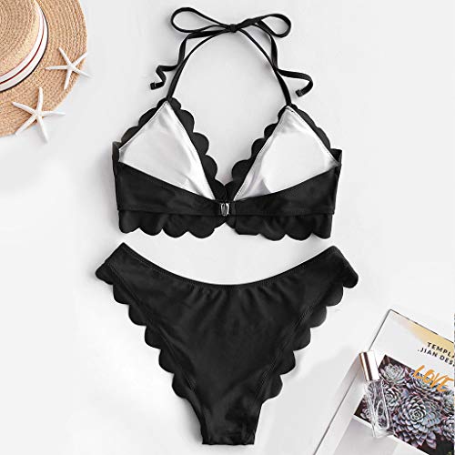 Generic Mujeres Sexy Bikini Set Halter Vendaje Traje de baño Festoneado Color sólido Ropa de Playa Negro M