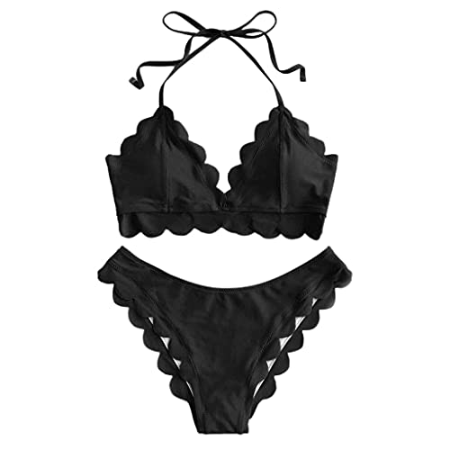 Generic Mujeres Sexy Bikini Set Halter Vendaje Traje de baño Festoneado Color sólido Ropa de Playa Negro M