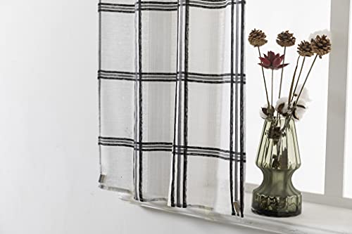 GIRASOLE Par de cortinas semitransparentes con diseño de cuadros para salón y dormitorio de 2 paneles con bolsillo (gris, 70 x 150 cm)