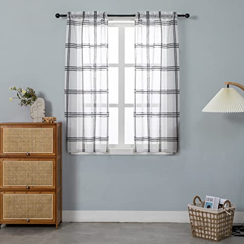 GIRASOLE Par de cortinas semitransparentes con diseño de cuadros para salón y dormitorio de 2 paneles con bolsillo (gris, 70 x 150 cm)