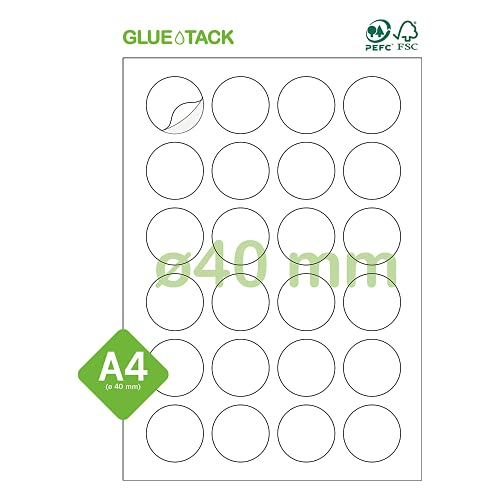Gluetack –Etiquetas Adhesivas Redondas Blancas Ø 40 mm | 25 Folios Adhesivos – 24 Etiqueta/Hoja – 600 Pegatinas | Papel de Pegatina para Imprimir A4