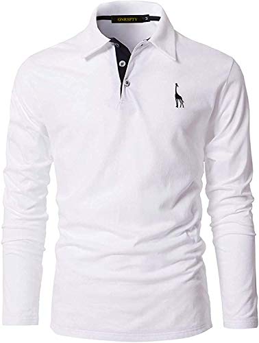 GNRSPTY Polo Manga Larga Hombre Algodon Slim Fit Camiseta Colores de Contraste Bordado de Ciervo Deporte Basic Golf Negocios T-Shirt Top,Blanco,M