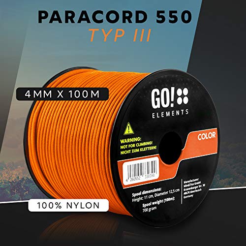 GO!elements 100m Paracord de Nylon a Prueba de desgarros - 4mm Paracord 550 Typo III Cuerda - Adecuado como Cuerda Yute & Cuerda Gruesa | MAX. 250kg, Color:Naranja
