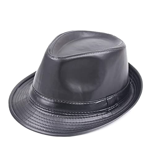 Gorra de Jazz de Cuero de PU para Hombre Sombrero Fedora Panamá Sombrero de Copa de ala Corta Sombrero de Fiesta Bombín Informal Sombrero de Caballero (Color: Negro, Tamaño: 56-58) (Negro 6 7/8)