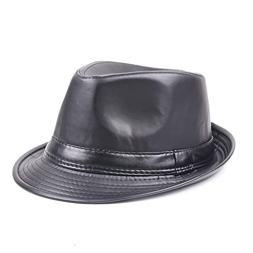 Gorra de Jazz de Cuero de PU para Hombre Sombrero Fedora Panamá Sombrero de Copa de ala Corta Sombrero de Fiesta Bombín Informal Sombrero de Caballero (Color: Negro, Tamaño: 56-58) (Negro 6 7/8)