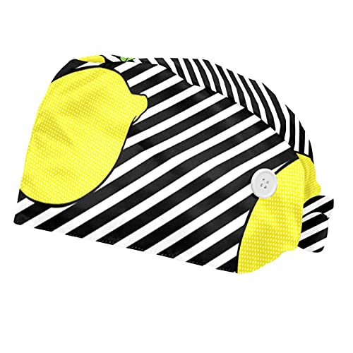 Gorra de trabajo con botones, 2 piezas, con banda para el sudor, sombreros Bouffant, color negro limón, líneas de pelo con patrón de tapas de ducha, sombreros unisex ajustables para la espalda