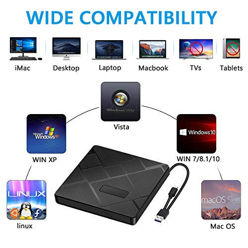 Grabadora CD/DVD Externa, BEVA Unidades CD DVD Externa USB 3.0 & Tipo c, Lector DVD Compatible con Tarjetas SD/TF, para Windows 7/8/10/XP/Vista, Linux, Mac OS