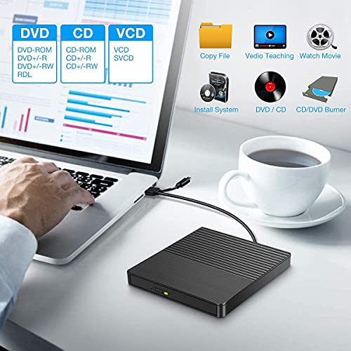 Grabadora DVD/CD Externa, USB 3.0 Tipo C Lector de CD Externa Portátil con Lectore de Tarjetas SD/TF, Disquetera External Drives Óptico CD DVD +/-RW para Window XP/7/8/10, Macbook etc