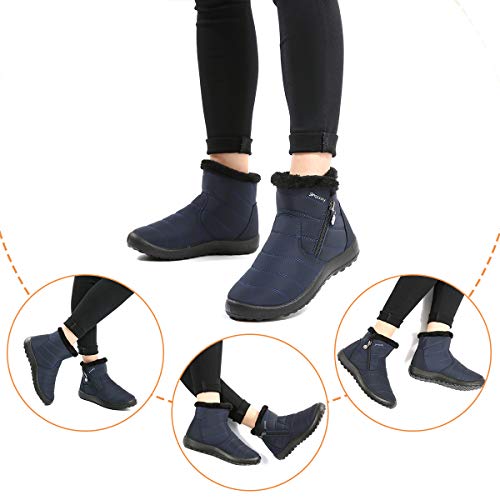 gracosy Botas de Mujer 2021 Otoño Invierno Goma Encaje Forro de Piel Punta Redonda Botas de Nieve Zapatos de Trabajo Formal Calzado Antideslizante Ligero Botines Que Caminan Azul 41