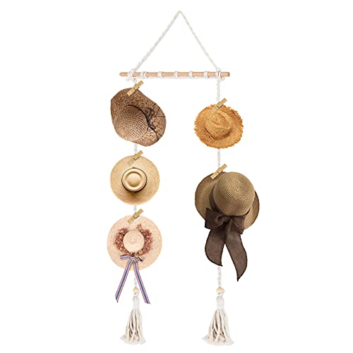 Gukasxi Organizador de sombrero de madera con 8 clips, colgador de sombrero con borlas para almacenamiento de pared, colgadores de sombrero para mujer para colgar sombreros, gorras, tazas