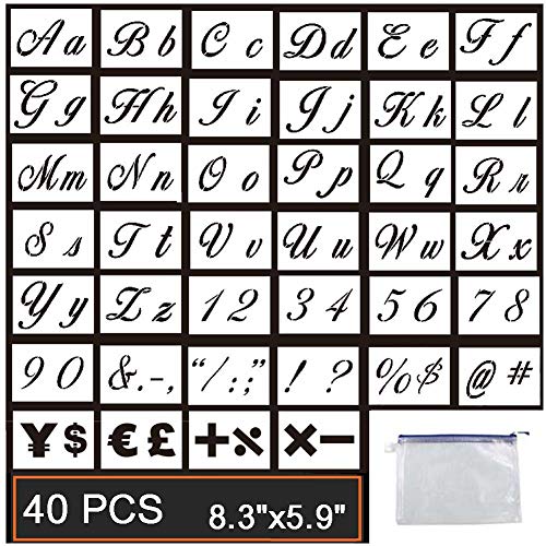 Guwheat Plantillas de letras en madera, plantilla reutilizable de 40 piezas con caligrafía, letras mayúsculas y minúsculas, números y signos, con bolsas portátiles, 21 x 15 CM