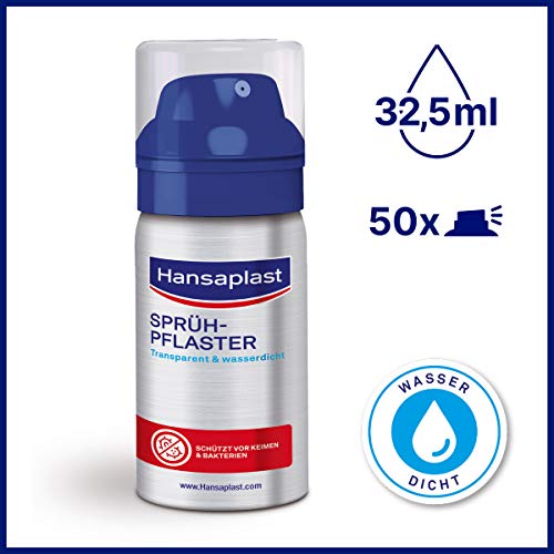 Hansaplast Parches transparentes en spray (32,5 ml) para una protección invisible, resistentes al agua y transpirables para pequeños cortes y abrasiones.