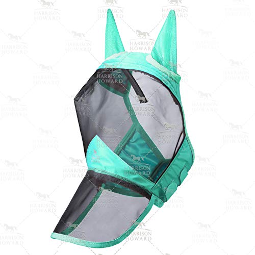Harrison Howard CareMaster Pro Luminous Máscara de mosca de caballo Nariz larga con orejas Protección UV para caballo-Menta de verano (L)