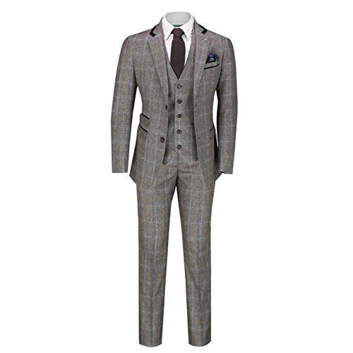 Hombres De 3 Piezas Traje Tweed Gatsby Prí­ncipe De Gales Retro Compruebe Elegante Chaqueta A Medida Fit Pantalones Chaleco [SUIT-HUGO-BROWN-58EU]
