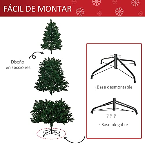 HOMCOM Árbol de Navidad Artificial 210 cm Ignífugo con 1064 Ramas con 2 Tipos de Puntas de PVC y Soporte de Acero Decoración Navideña de Interior Verde